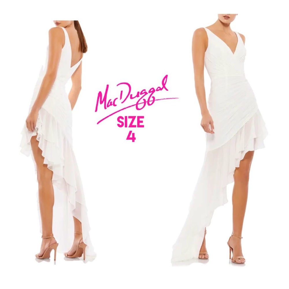 MAC DUGGAL Ruffle Asymmetric Sheath Dress Bridal White - NEW